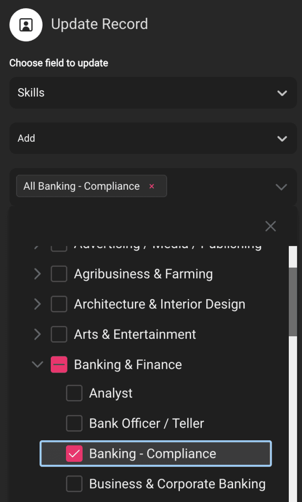 Roi-AI bulk coding tool for recruitment databases — Update Record modal showing Choose field to update: Skills with Banking and Finance taxonomy tree for bulk candidate and client categorisation at scale